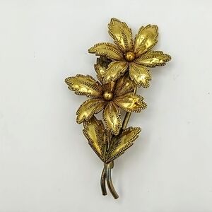 1940s Gold Tone Floral Spray Brooch Milgrain Textured Metal World War 2 Vintage